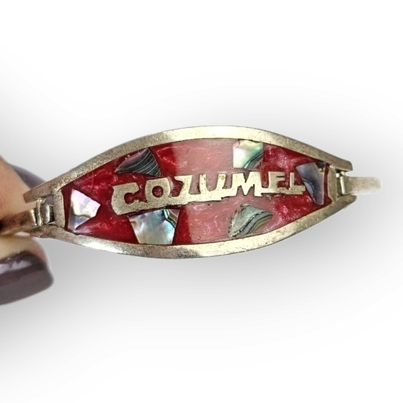 Mexico Cozumel Cuff Bracelet Red Inlaid Abalone Shell Alpaca Silver Vintage 6.5" - Picture 6 of 8